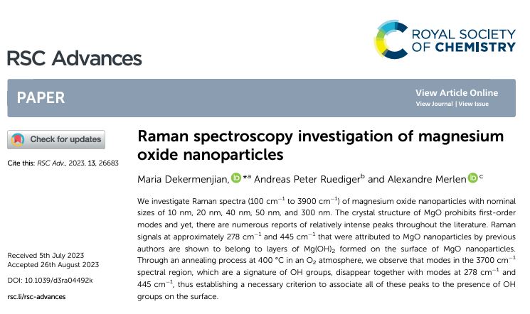 "Raman spectroscopy investigation of magnesium oxide nanoparticles" article wins the Outstanding Student Paper Awards of 2023 in the Physical Chemistry category of Royal Society of Chemistry editor