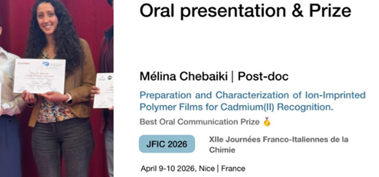 Mélina Chebaiki won the Best oral communication prize at XIIe Journées Franco-Italiennes de la Chimie