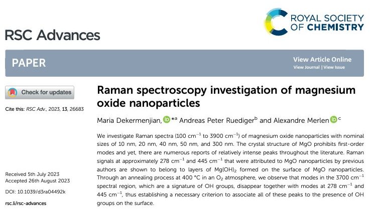 "Raman spectroscopy investigation of magnesium oxide nanoparticles" article wins the Outstanding Student Paper Awards of 2023 in the Physical Chemistry category of Royal Society of Chemistry editor