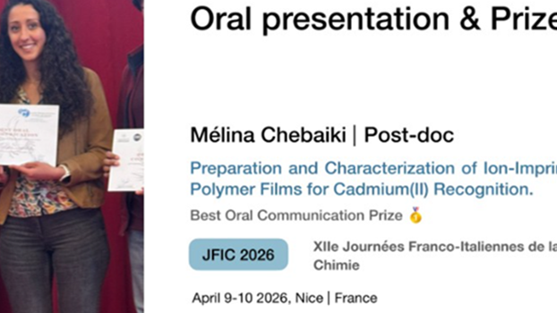 Mélina Chebaiki won the Best oral communication prize at XIIe Journées Franco-Italiennes de la Chimie